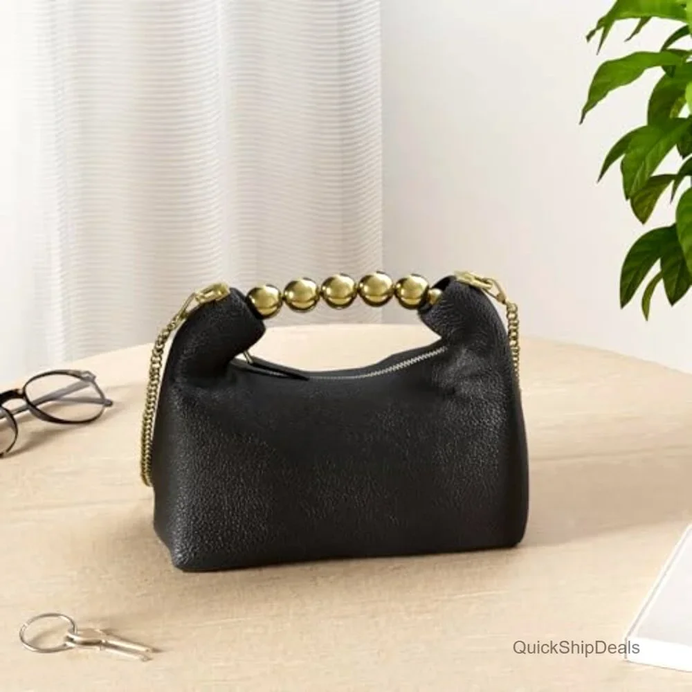 Small Top Handle Clutch Bag with Pearl Handle and Chain Strap